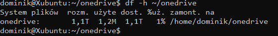 Widok zamontowanego folderu onedrive w linux
